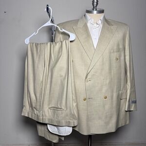 Mazzoni Suit Mens 48R 42x37 Tan Solid Double Breasted Wool Blend Formal Business